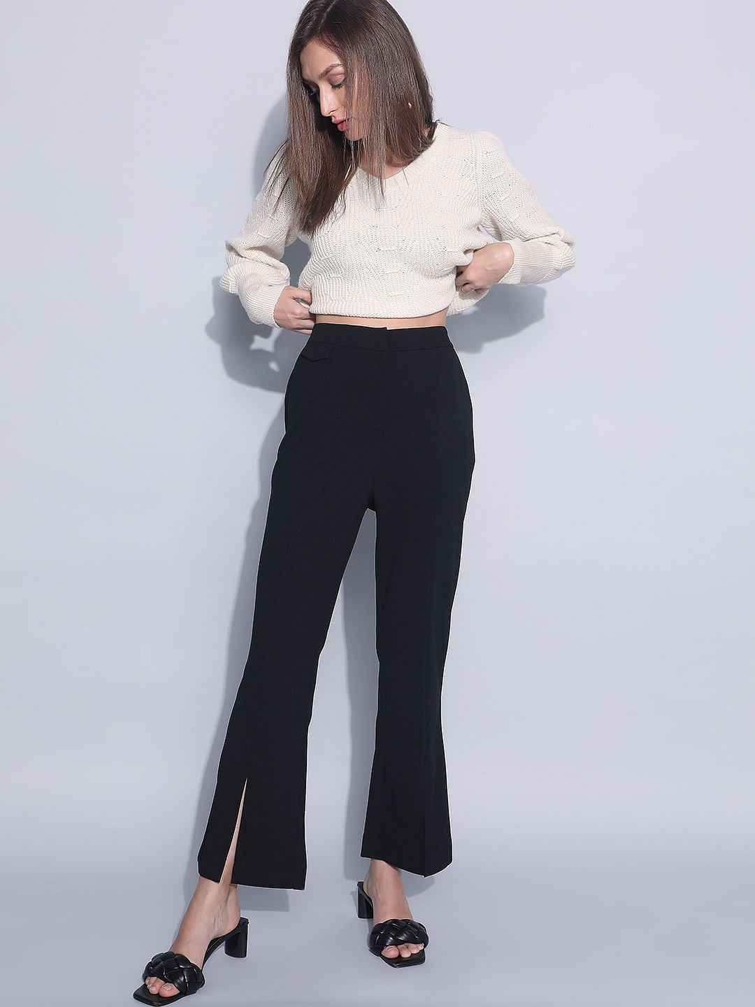 Women Solid Cream Straight Fit Silk Pant